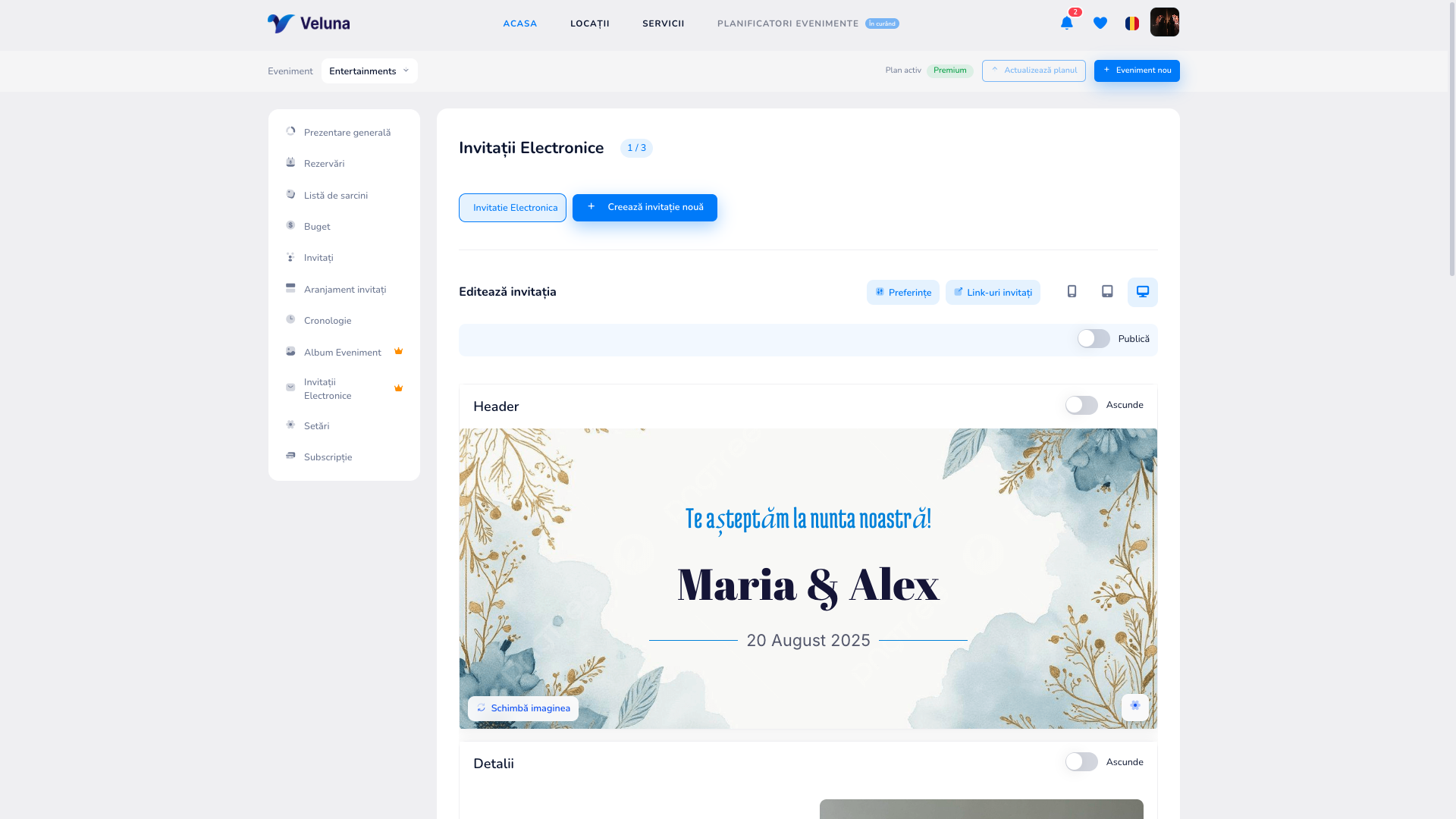 Veluna — editor de invitații electronice